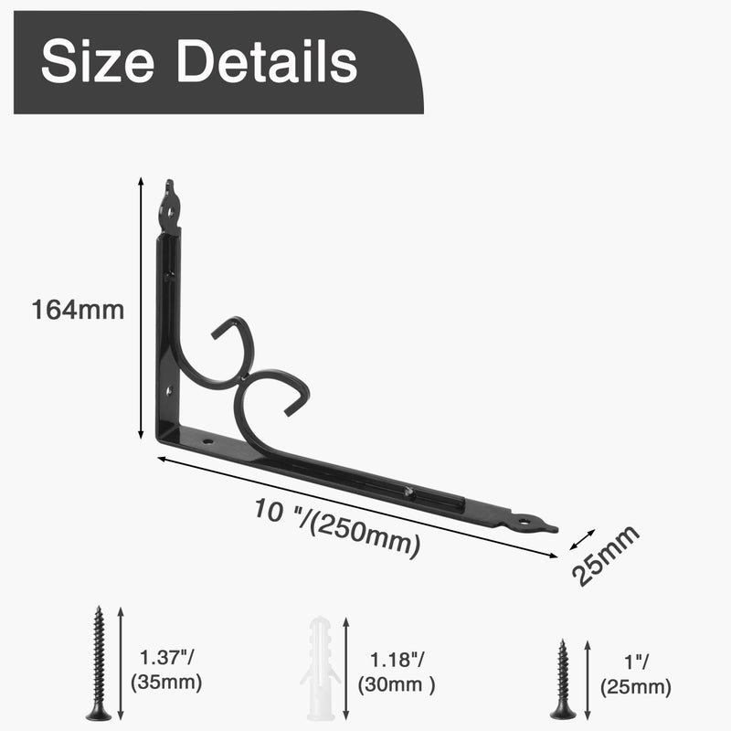 OVOV Shelf Brackets 4 Pcs Heavy Duty Decorative 10 Inch Black Right Angle Shelving Brackets Wall Mounted Shelf Supports for DIY Home Kitchen Living Room - Image 2